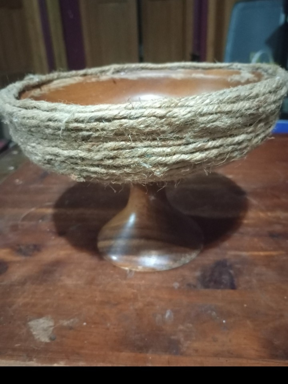 Rustic Jute Wrapped Wood Pedestal Bowl - Brown